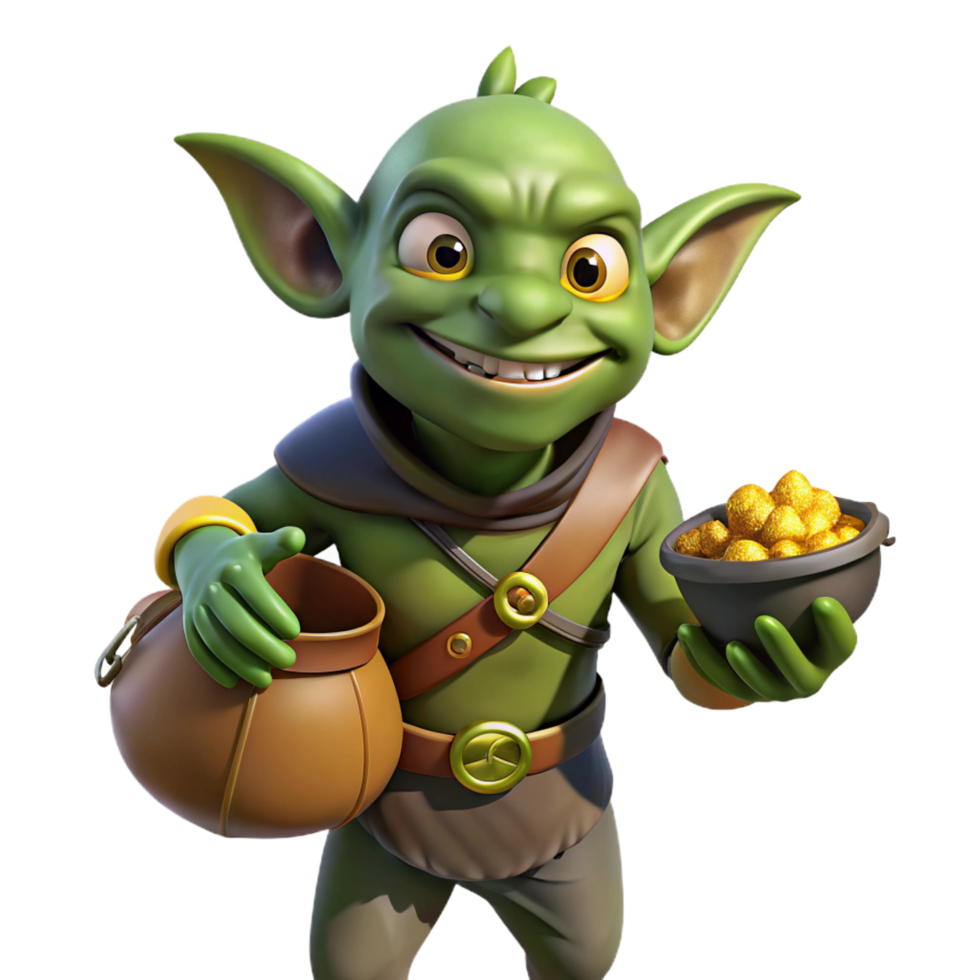 dynamic enchanting A mischievous goblin, holding a stolen pouch of gold. NO BACKGROUND with Transparent Background. 8K png