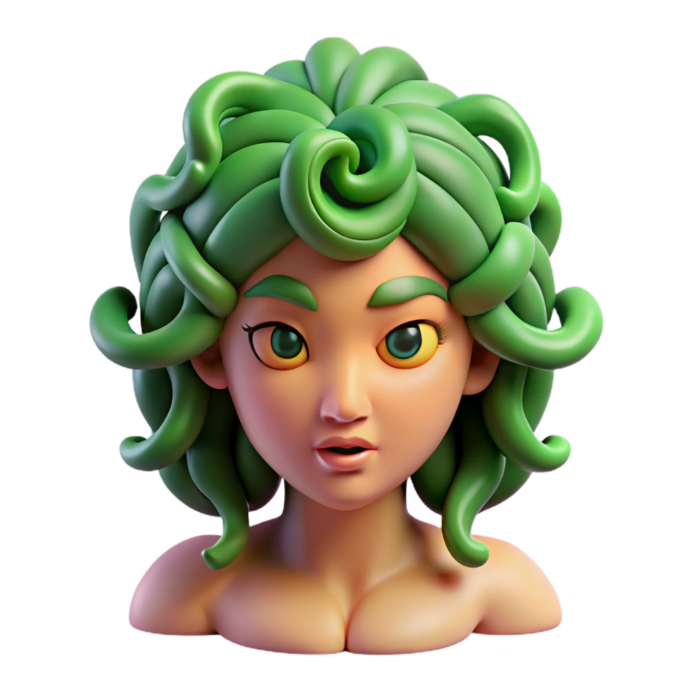 beautiful joyful tropical Medusa, Gorgon, snake hair, NO BACKGROUND with Transparent Background. genuine png