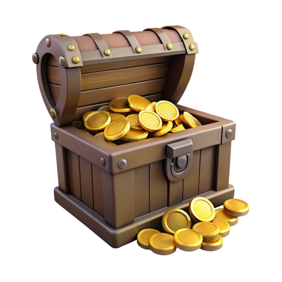 dramatic pristine A weathered treasure chest, overflowing with gold coins. NO BACKGROUND with Transparent Background. original png