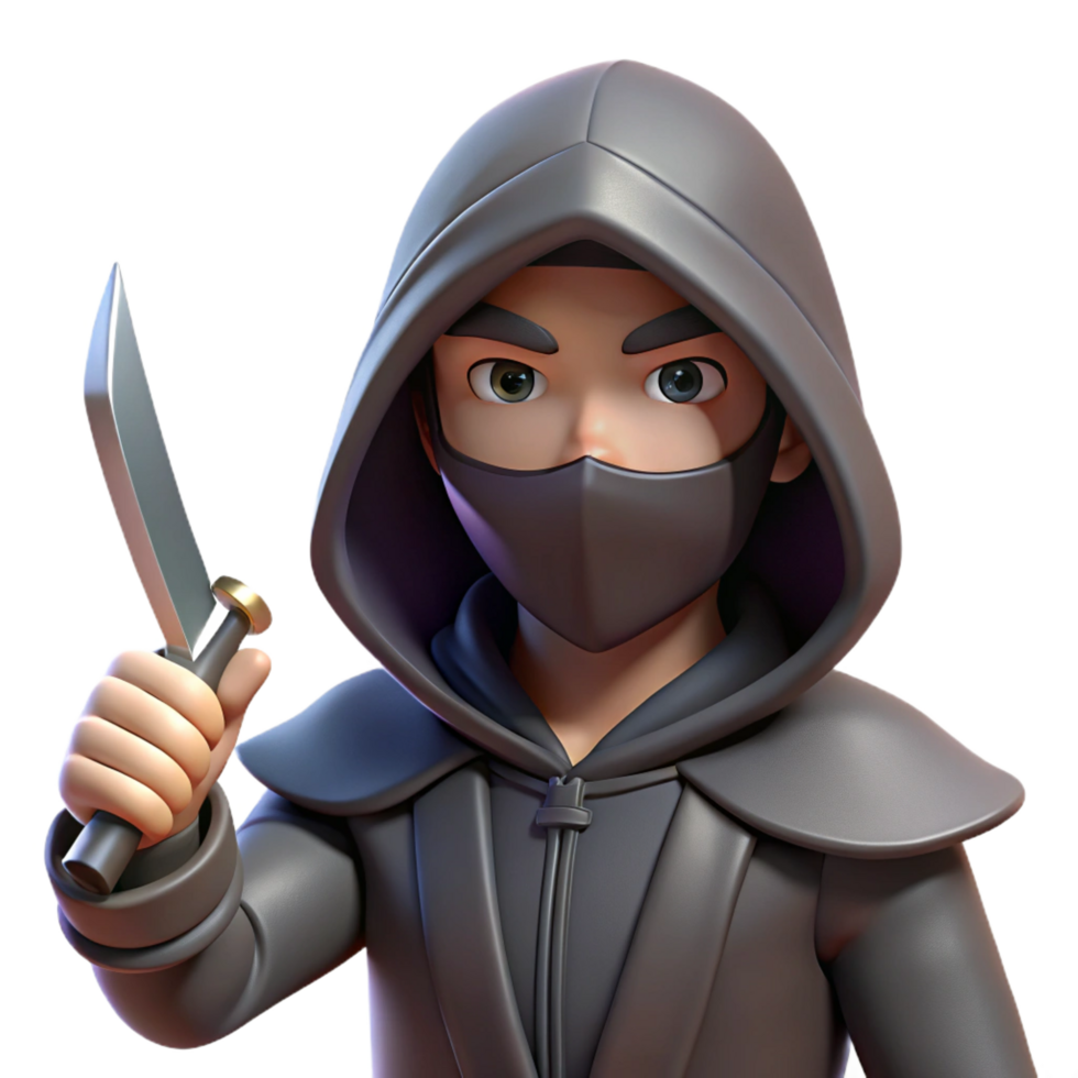 vibrant harmonious modern A hooded assassin, holding a hidden blade, NO BACKGROUND with Transparent Background. studio quality png