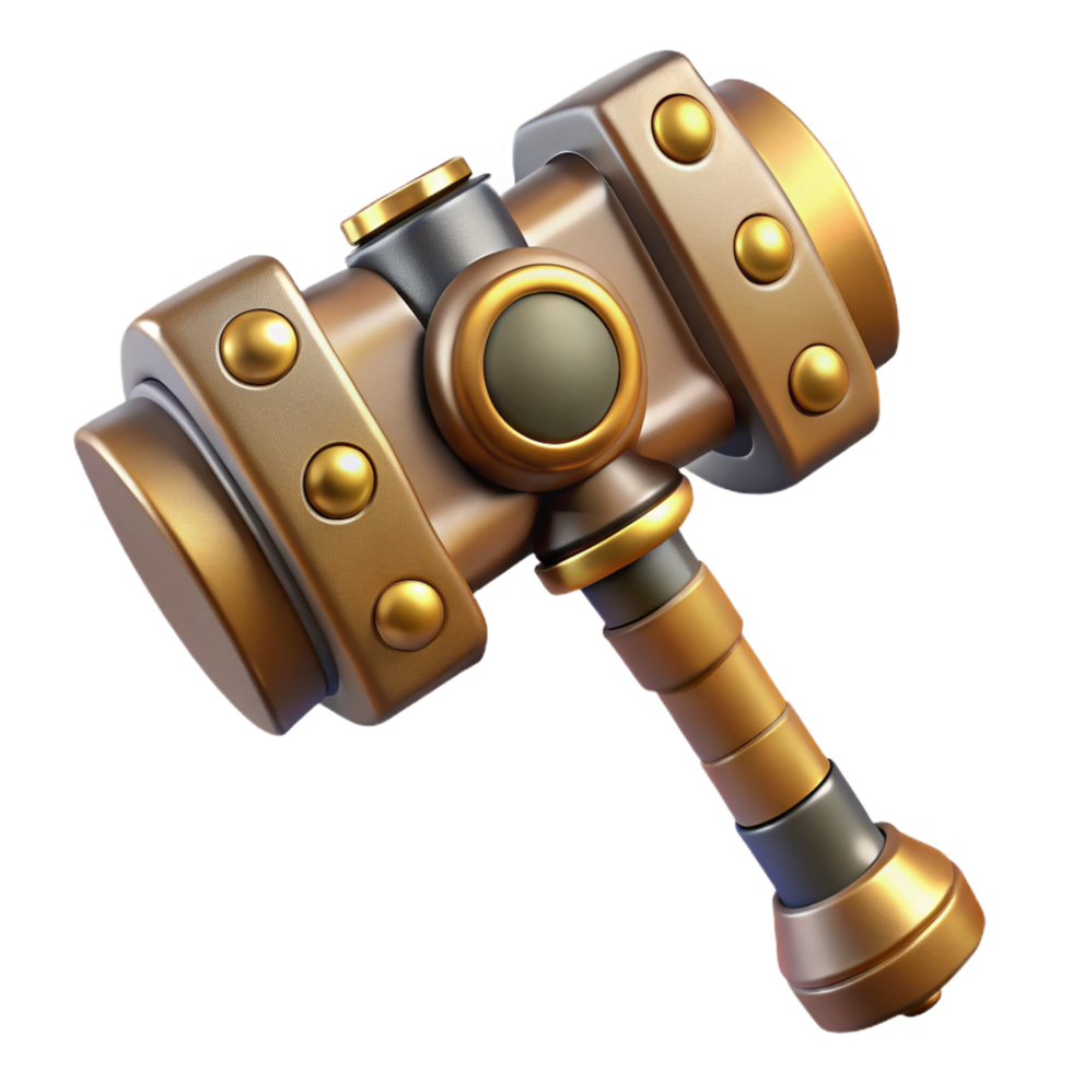 fascinating urban Steampunk hammer with a brass head and a wooden handle. NO BACKGROUND with Transparent Background. high resolution png