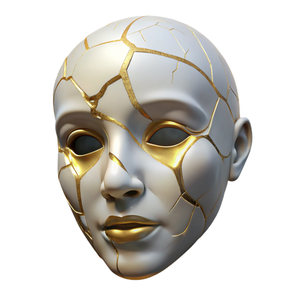 breathtaking reflective artistic A cracked porcelain mask with golden veins. NO BACKGROUND with Transparent Background. ultra HD png