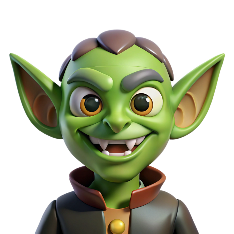 dynamic alluring Cartoon goblin, mischievous grin, pointed ears, NO BACKGROUND with Transparent Background. ultra HD png