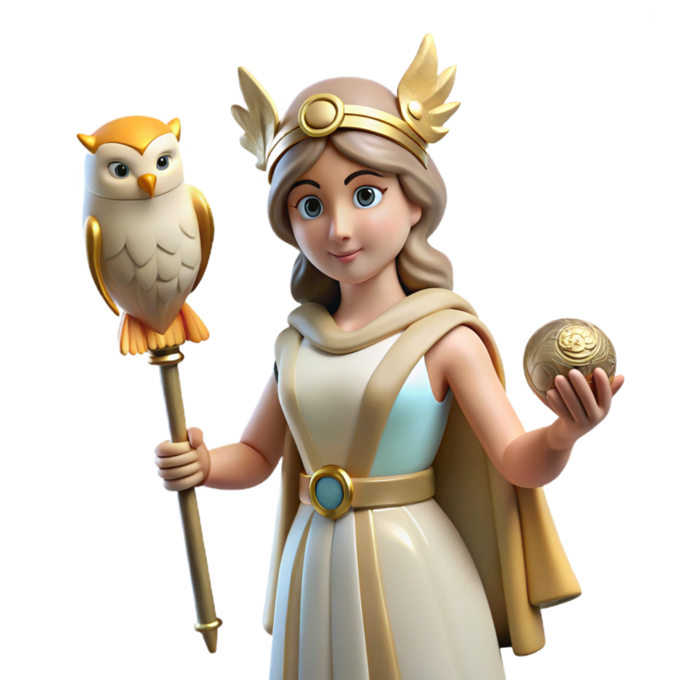 dramatic tranquil elegant Athena, Goddess of Wisdom, with owl, NO BACKGROUND with Transparent Background. refined png