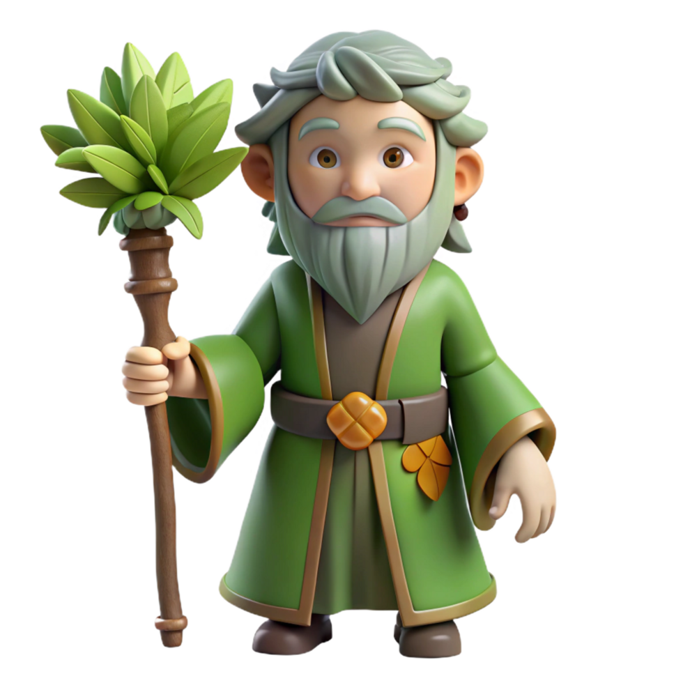 harmonious elegant A wise old druid, holding a staff adorned with leaves, NO BACKGROUND with Transparent Background. 8K png