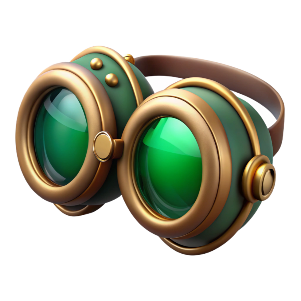 alluring modern Steampunk goggles with emerald green lenses and brass accents. NO BACKGROUND with Transparent Background. premium png