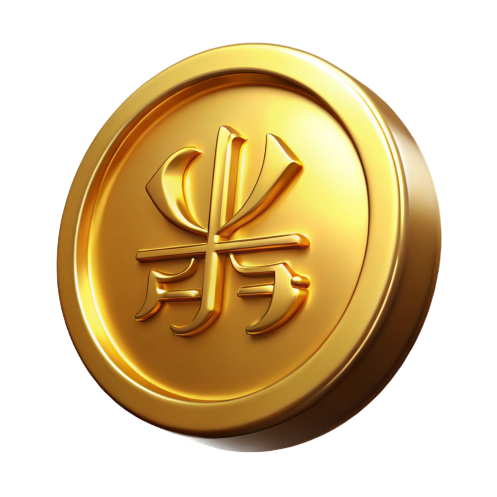 coveted contemporary Single gold coin, embossed design, ancient script, NO BACKGROUND with Transparent Background. genuine png