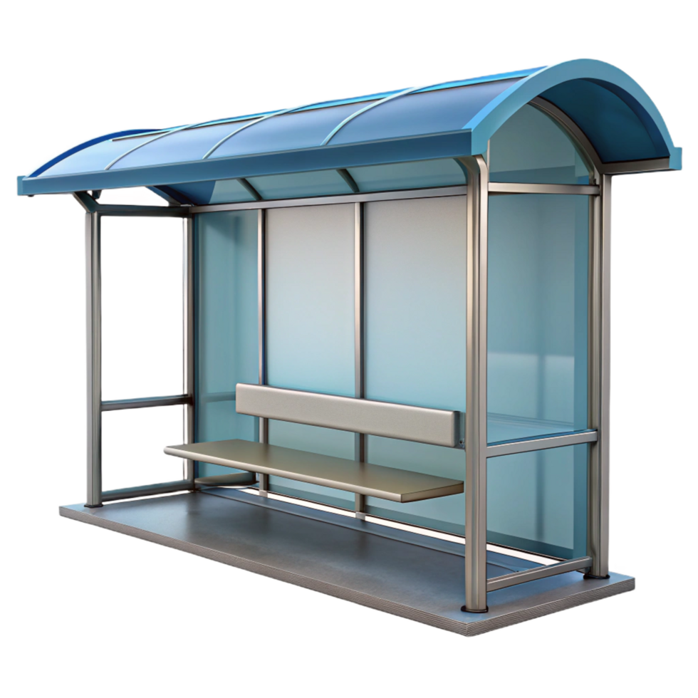 beautiful energetic minimalist Bus stop shelter, glass and metal, NO BACKGROUND with Transparent Background. genuine png