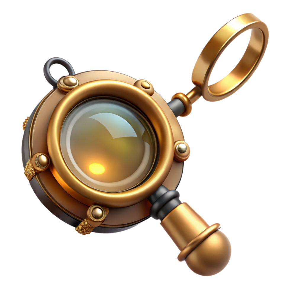 splendid calm nordic Steampunk monocle pendant with a magnifying glass and a brass frame. NO BACKGROUND with Transparent Background. high quality png