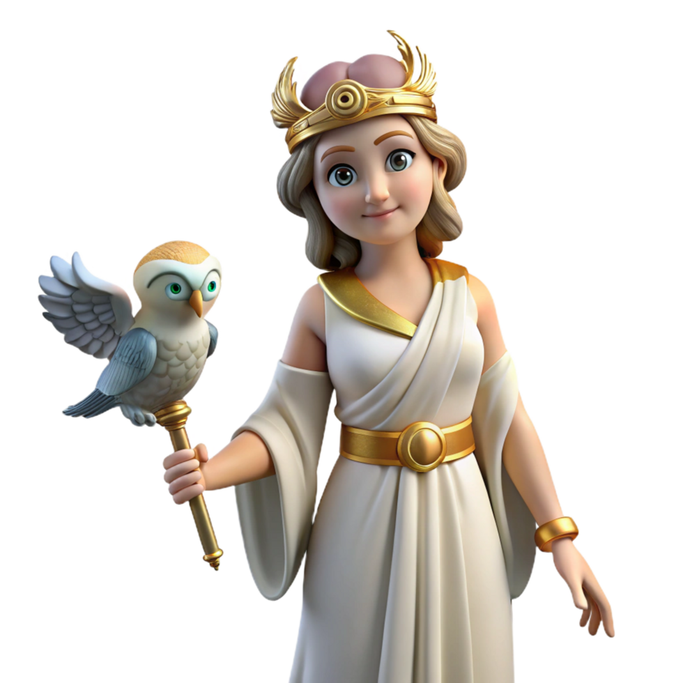 celebrated art deco Athena, Goddess of Wisdom, holding owl, NO BACKGROUND with Transparent Background. elite png