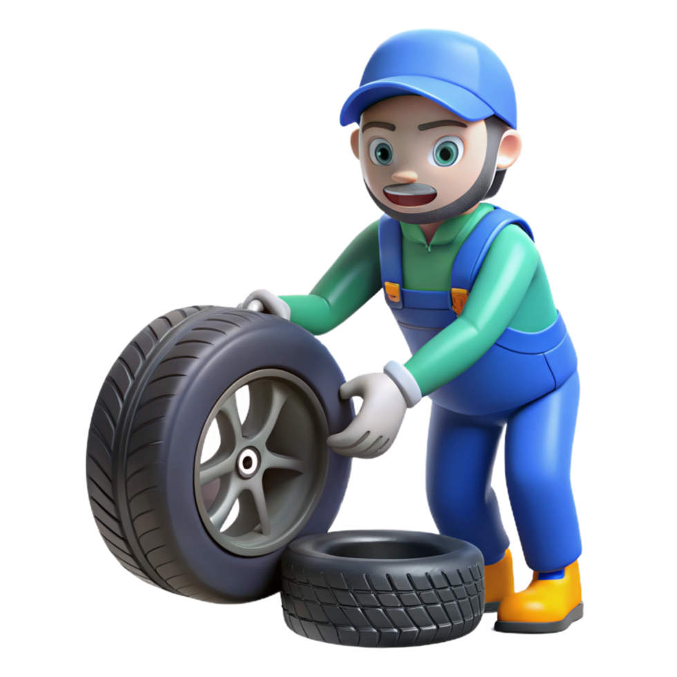 coveted classic Car mechanic changing tire NO BACKGROUND with Transparent Background. crisp png