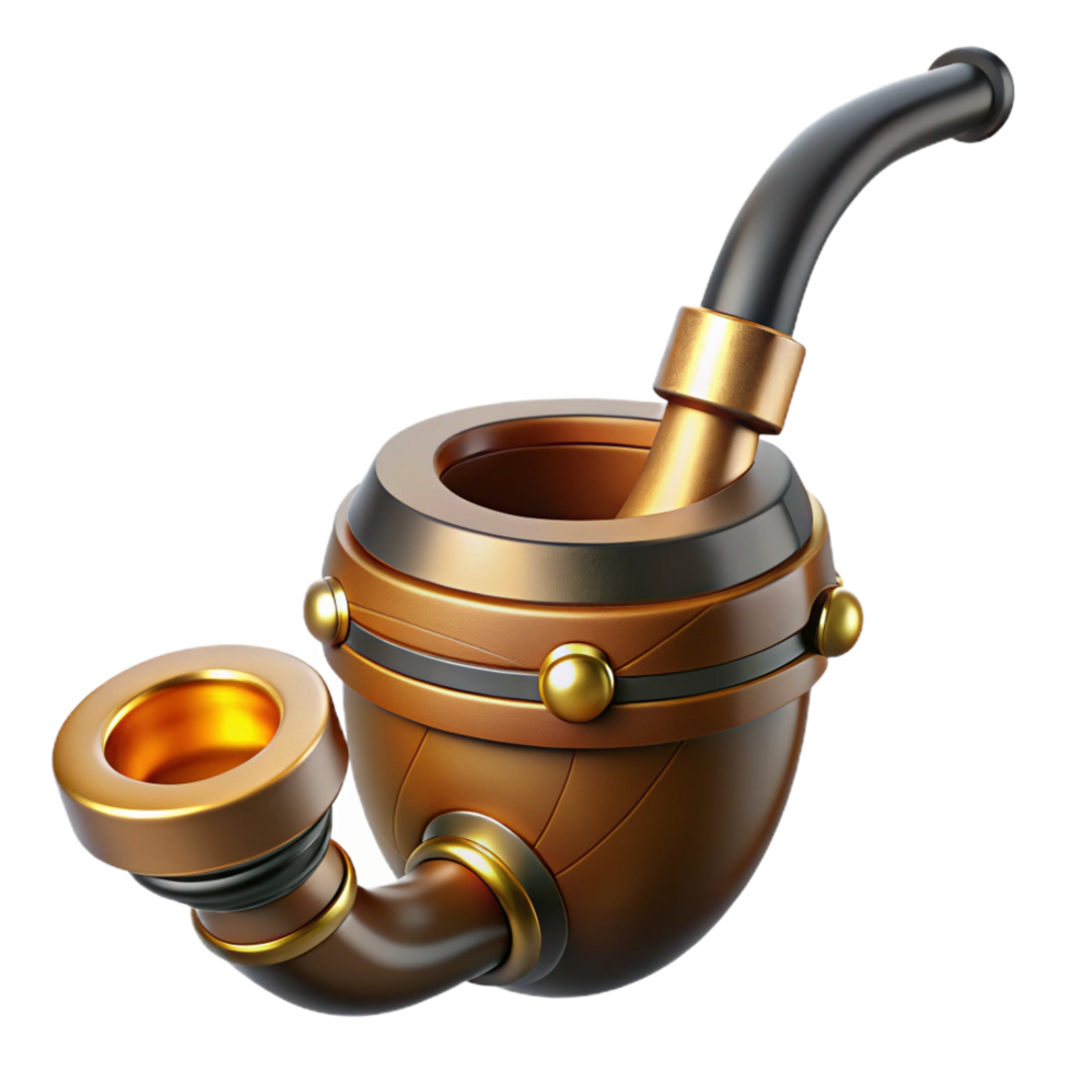 immaculate abstract Steampunk pipe with a brass bowl and a wooden stem. NO BACKGROUND with Transparent Background. museum quality png