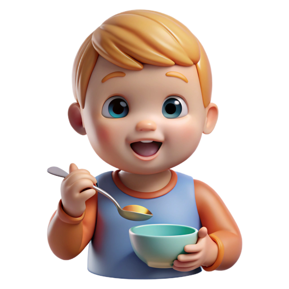breathtaking exceptional Toddler eating with spoon NO BACKGROUND with Transparent Background. png