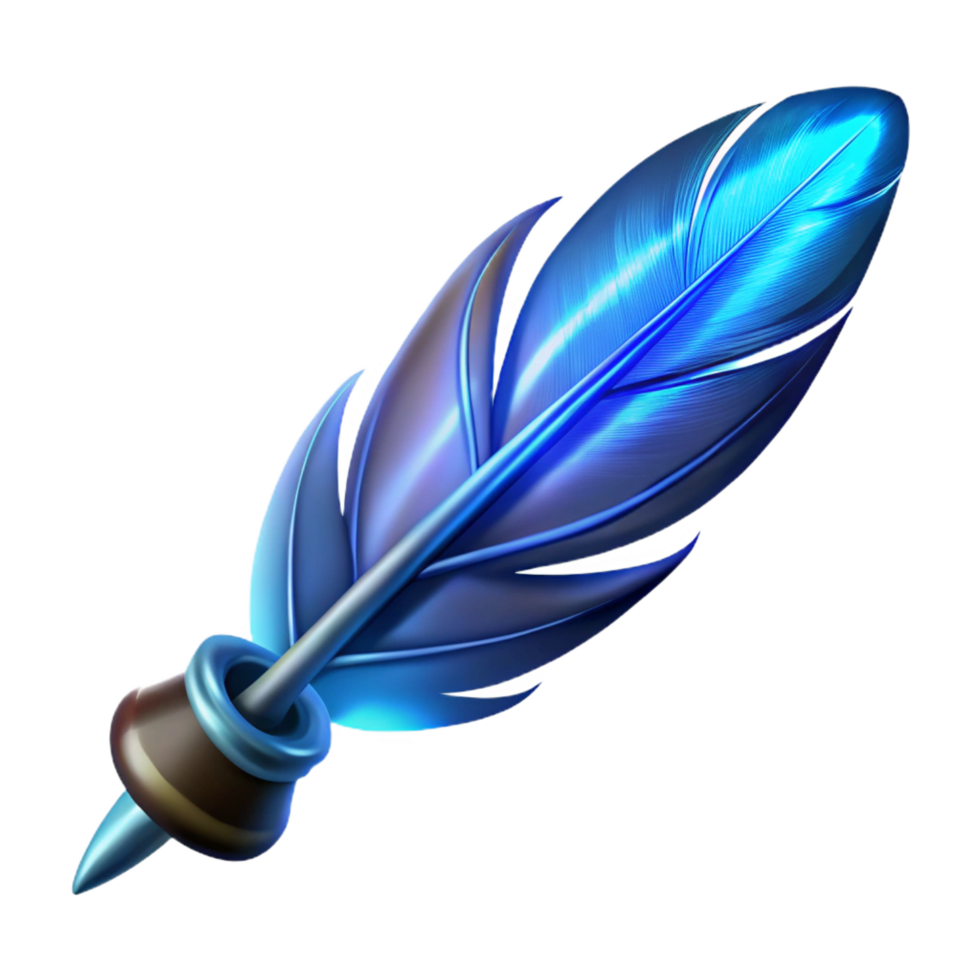 dramatic pristine A stylized feather pen, writing with glowing ink. NO BACKGROUND with Transparent Background. studio quality png