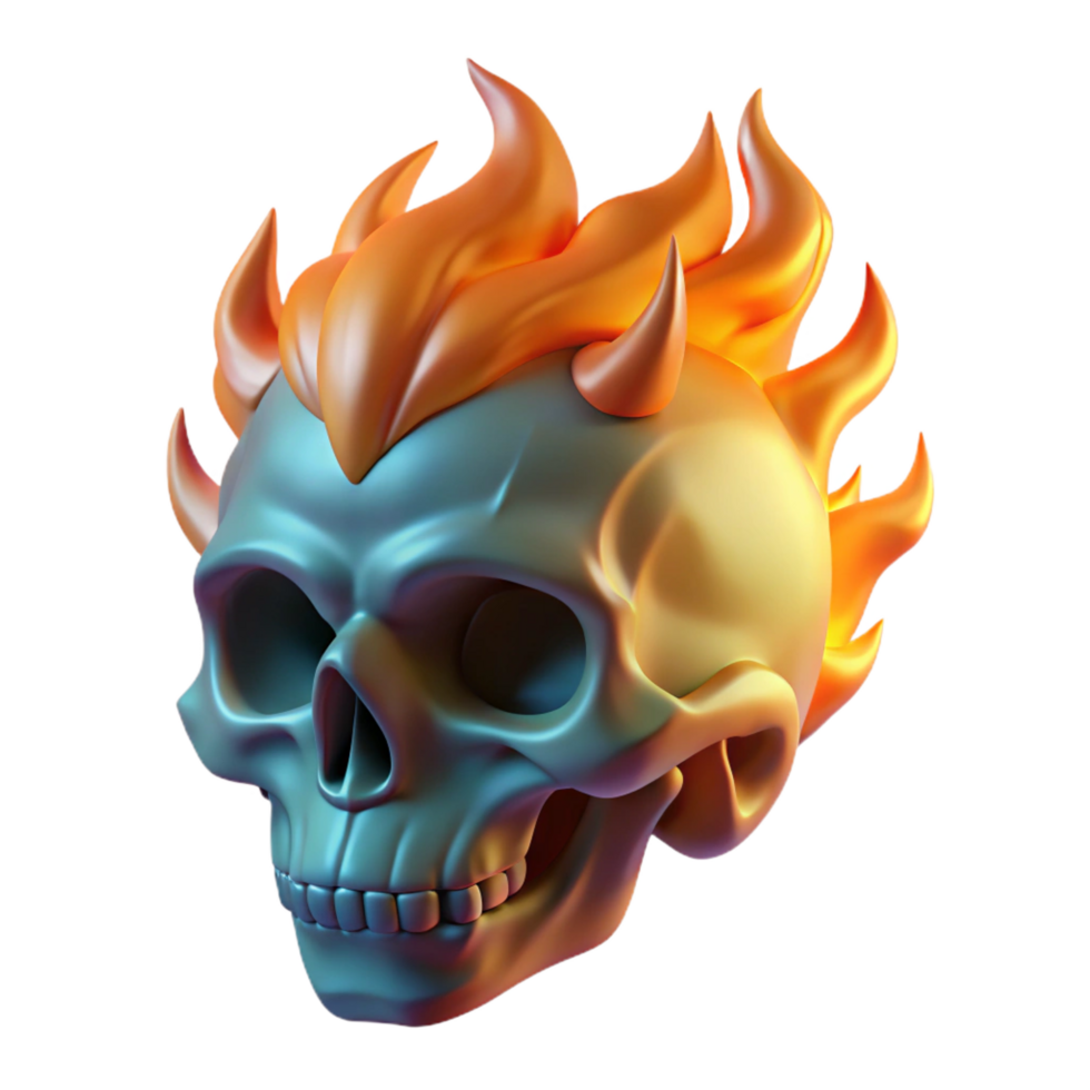 inspired mid-century A stylized skull, wreathed in ethereal flames. NO BACKGROUND with Transparent Background. masterfully captured png