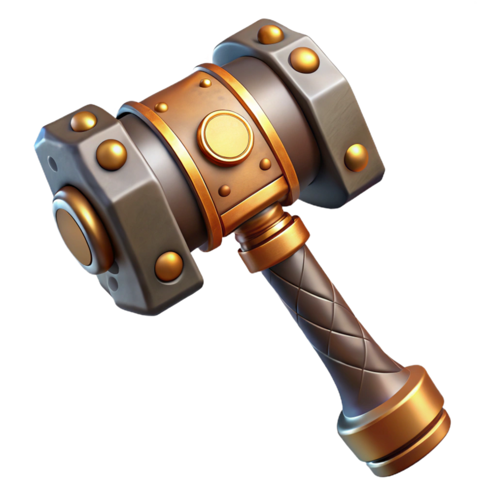 quintessential renaissance Steampunk hammer with a brass head and a wooden handle. NO BACKGROUND with Transparent Background. expertly shot png