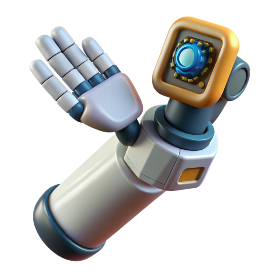 dynamic vibrant Cyberpunk style robotic arm holding a data chip NO BACKGROUND with Transparent Background. refined png