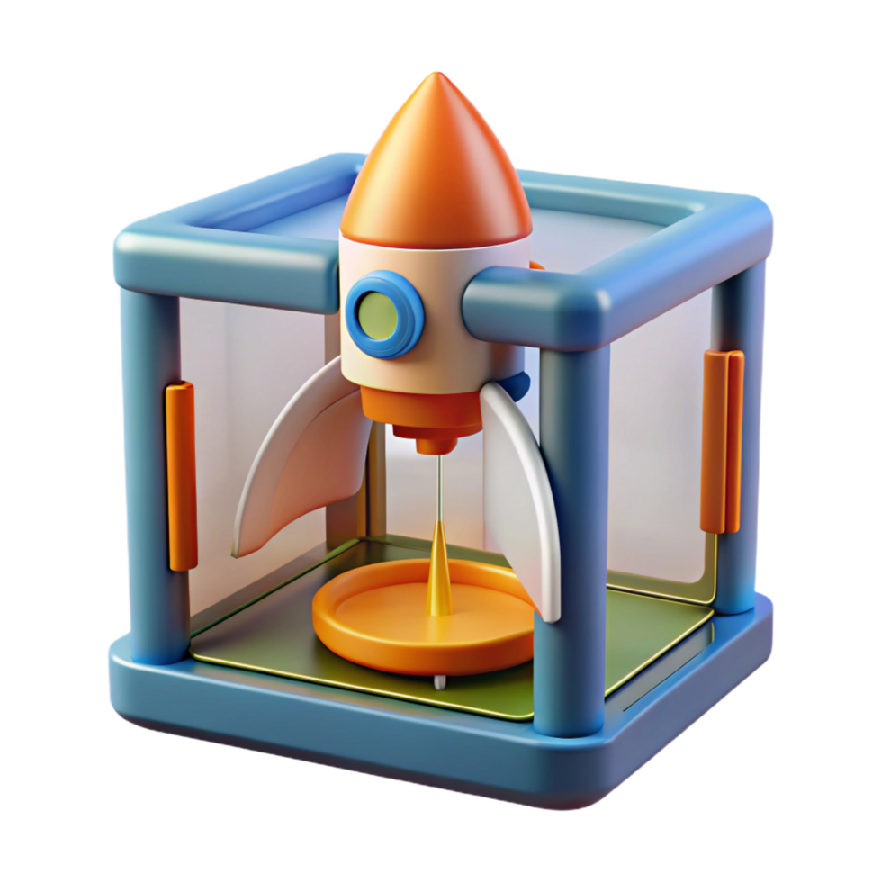 distinctive surreal Advanced 3D printer creating a miniature spaceship NO BACKGROUND with Transparent Transparent Background. 4K png
