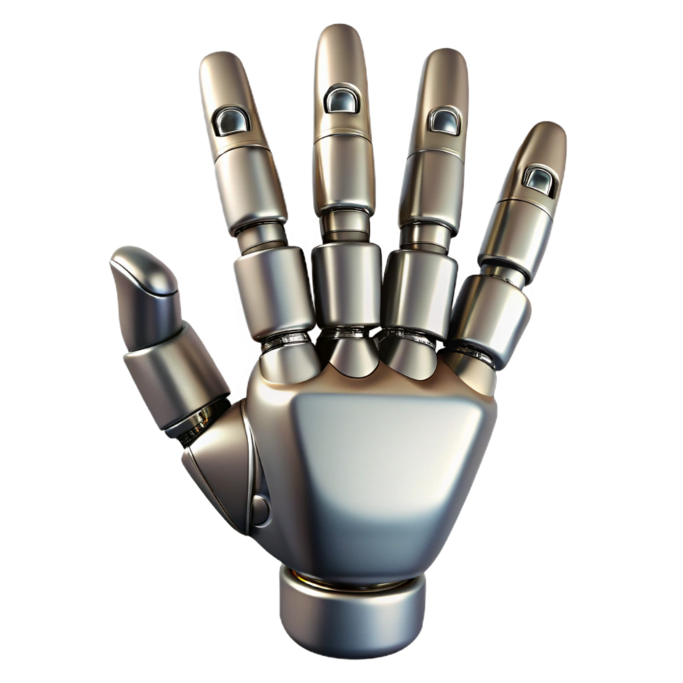 coveted surreal Robot hand with articulated fingers and metallic finish NO BACKGROUND with Transparent Background. high quality png