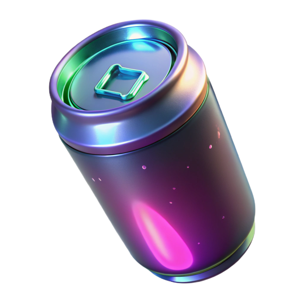standout art deco Futuristic energy drink can with glowing liquid NO BACKGROUND with Transparent Background. artisan png
