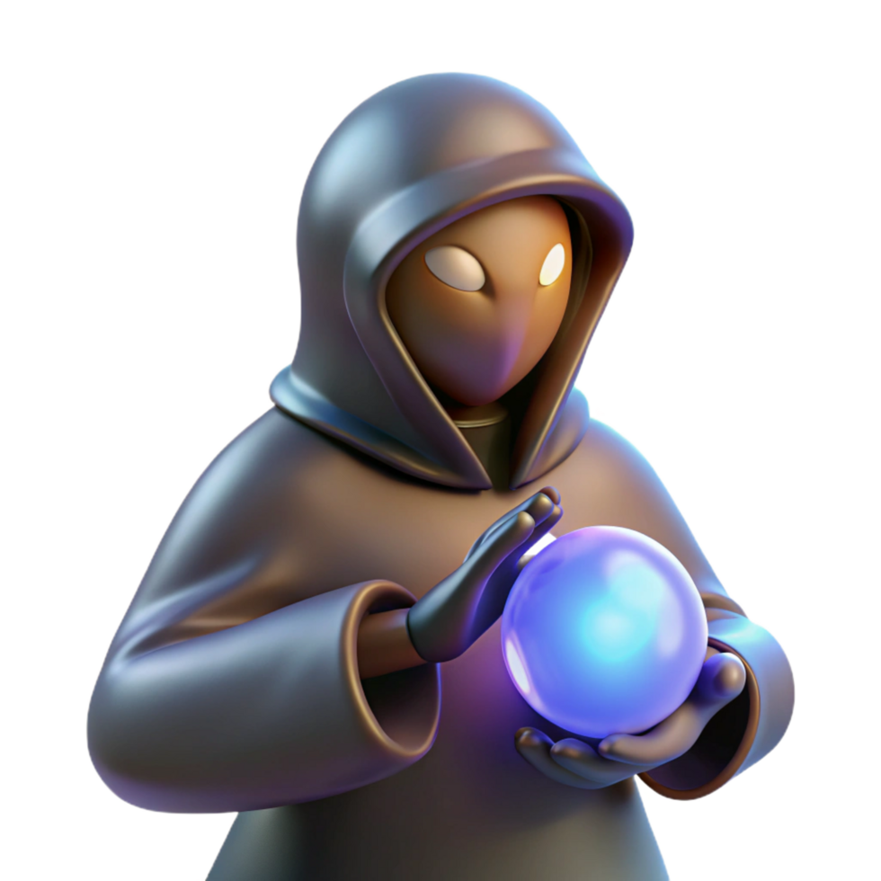 beautiful romantic futuristic A mysterious hooded figure, holding a glowing orb. NO BACKGROUND with Transparent Background. 4K png