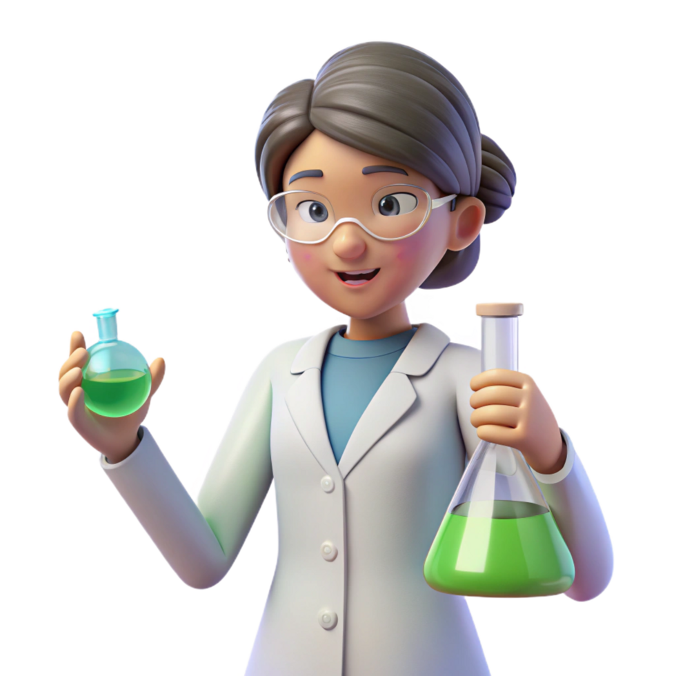 celebrated artistic Female scientist conducting experiment NO BACKGROUND with Transparent Background. crisp png