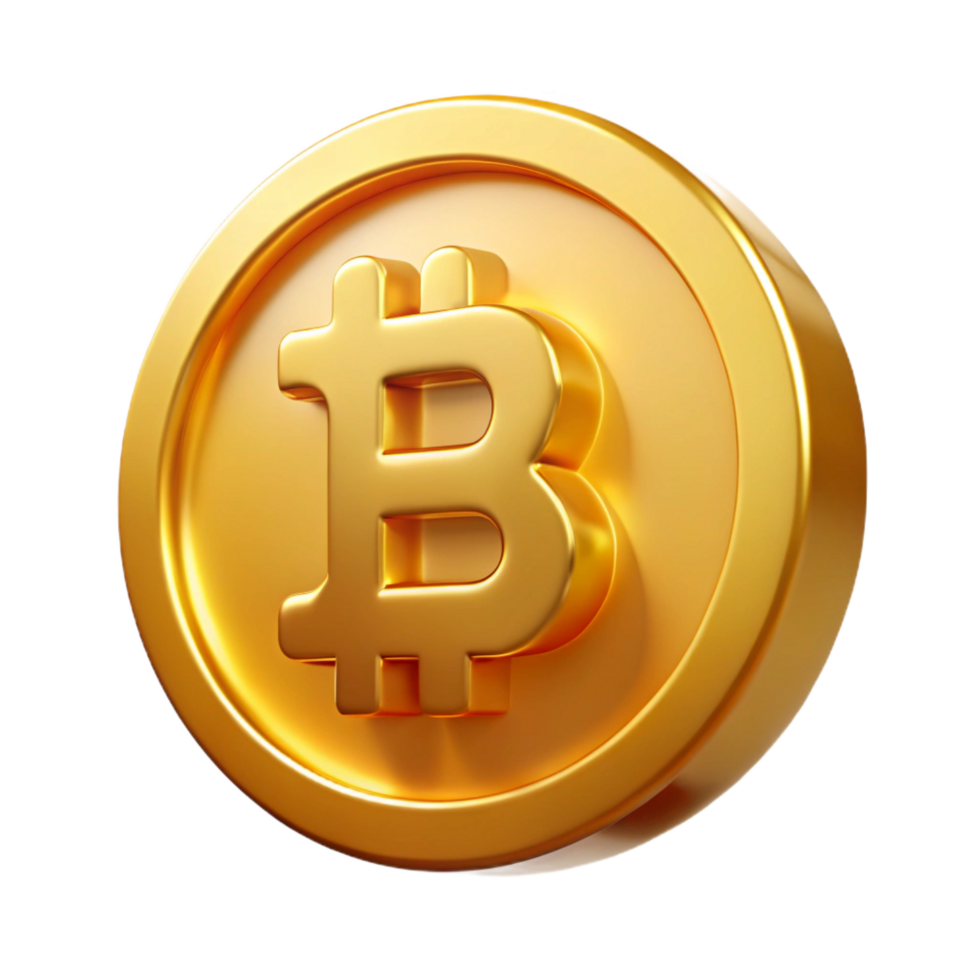 beautiful bold artistic Bitcoin, physical coin, gold finish NO BACKGROUND with Transparent Background. handcrafted png
