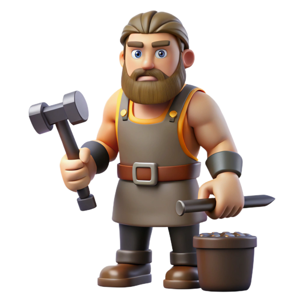 captivating reflective retro Hephaestus, God of the Forge, blacksmithing tools, NO BACKGROUND with Transparent Background. premium png