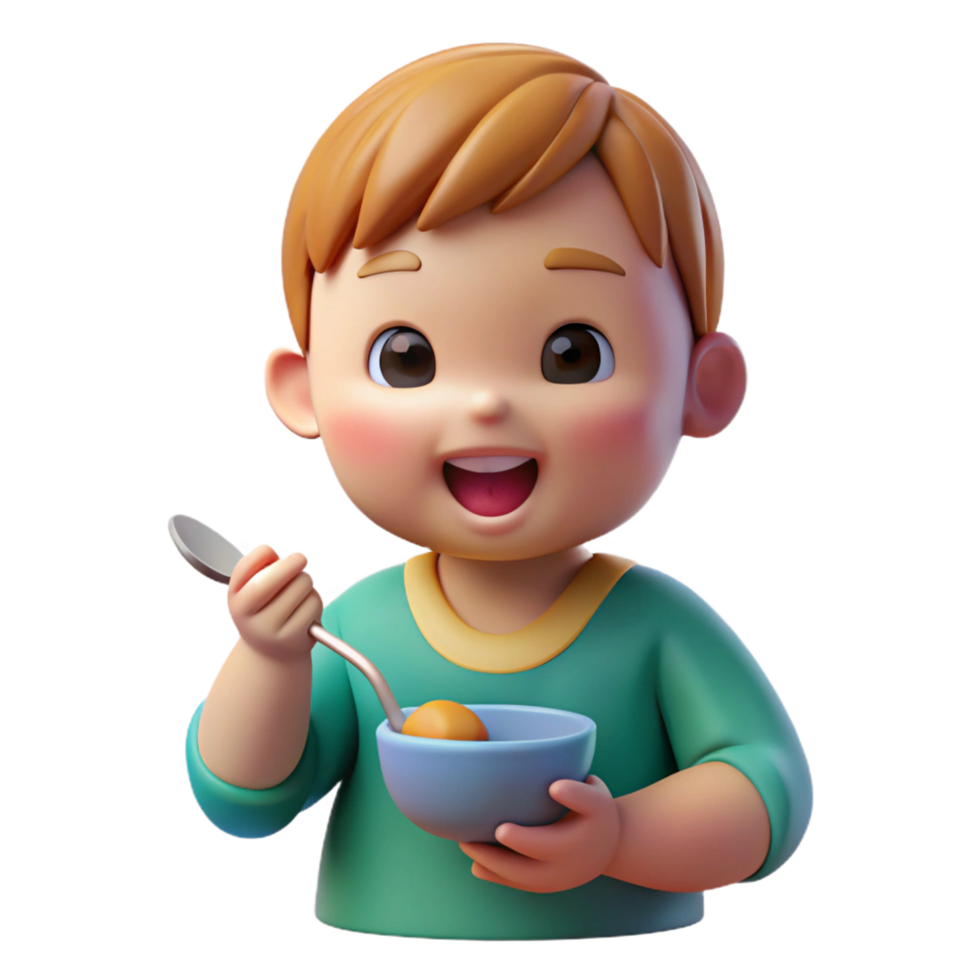 bold fascinating Toddler eating with spoon NO BACKGROUND with Transparent Background. artisan png