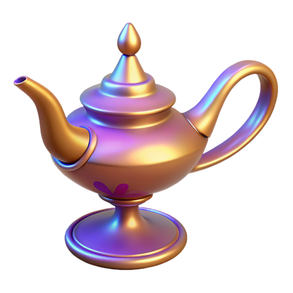 captivating energetic surreal Genie Lamp, ornate and magical, ready to be rubbed, NO BACKGROUND with Transparent Background. handcrafted png