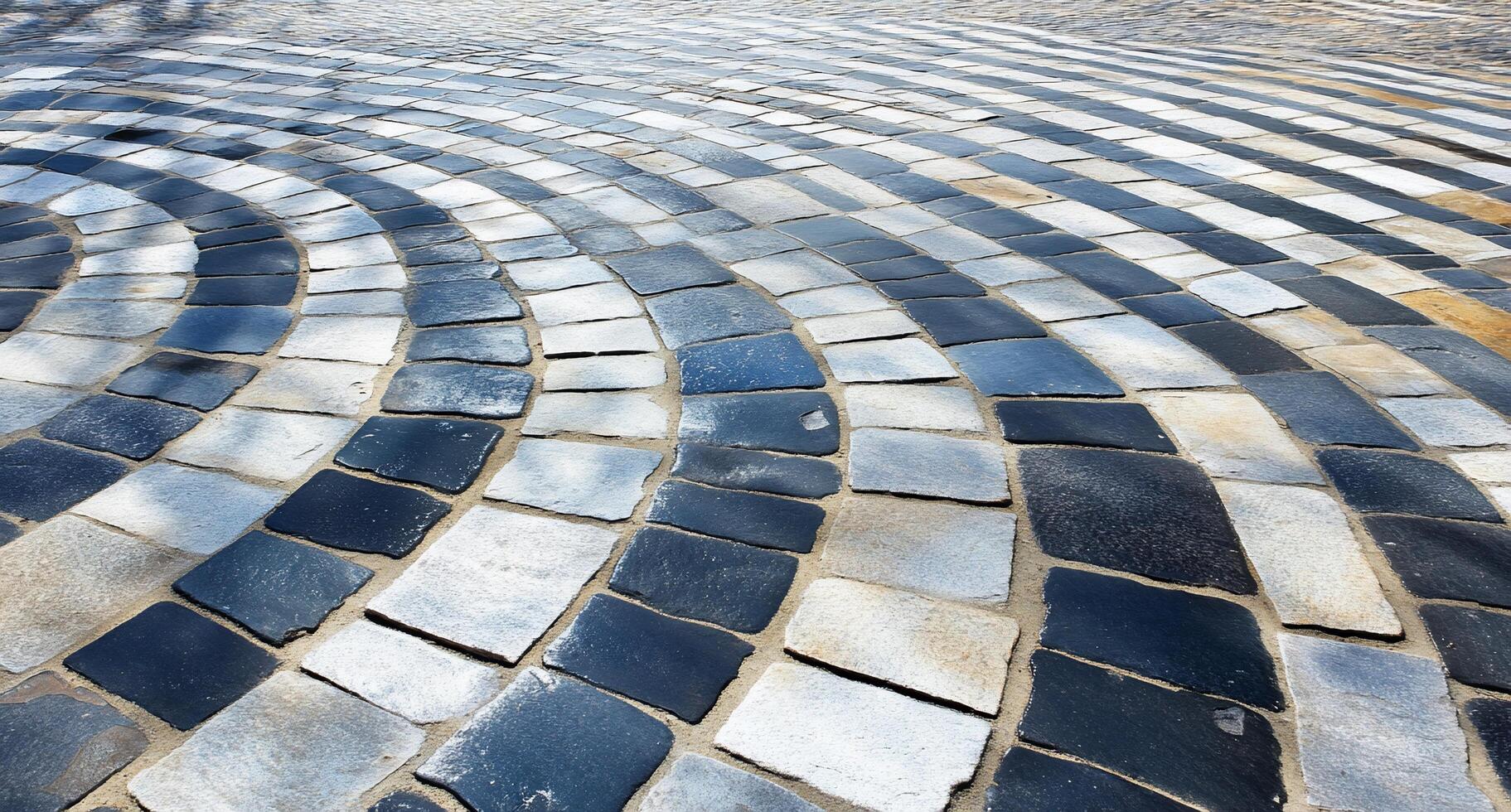 A close-up of a patterned stone pathway with curved lines. photo