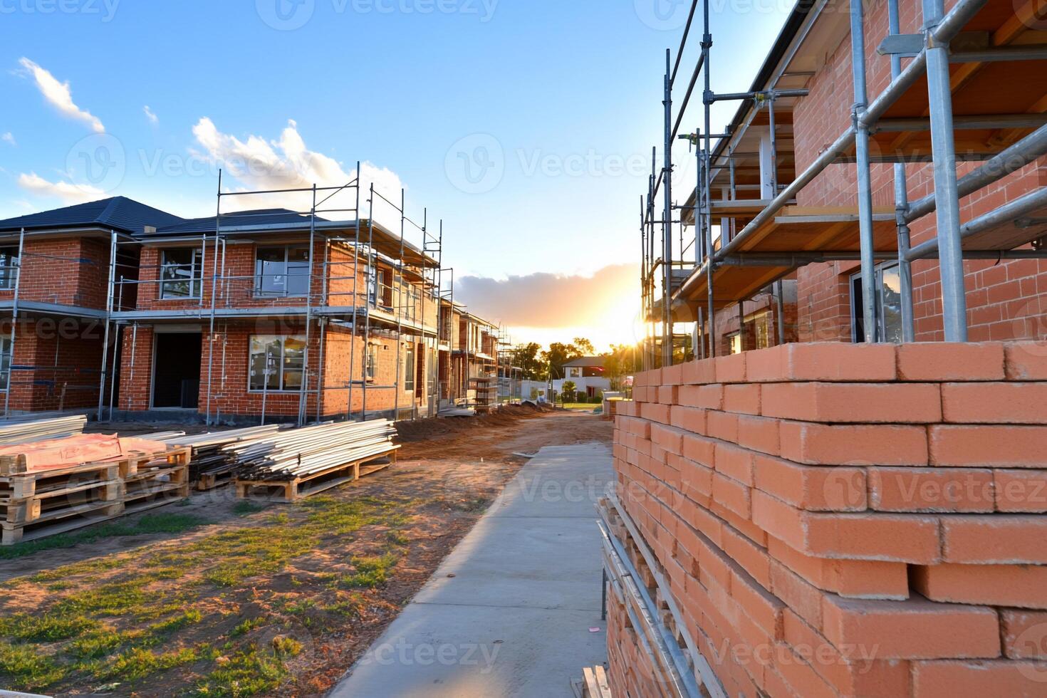 A brick wall with scaffolding photo