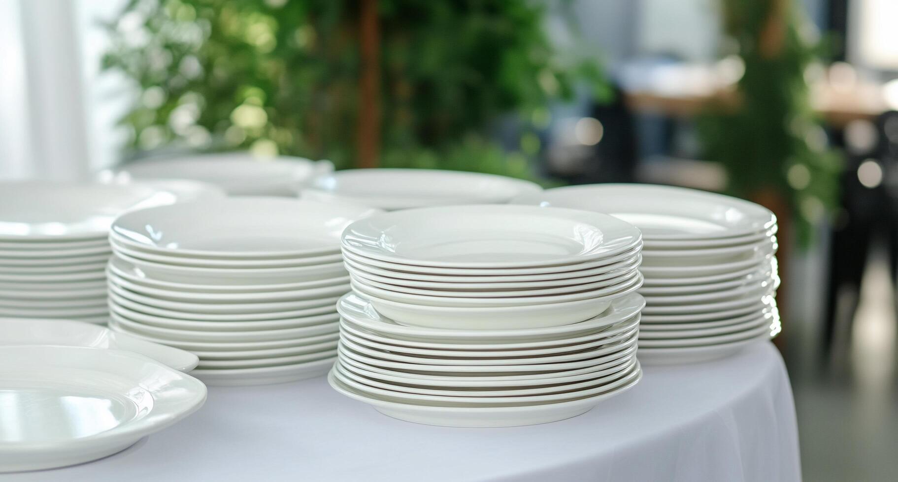Stacks of white plates arranged on a table for an event or gathering. photo