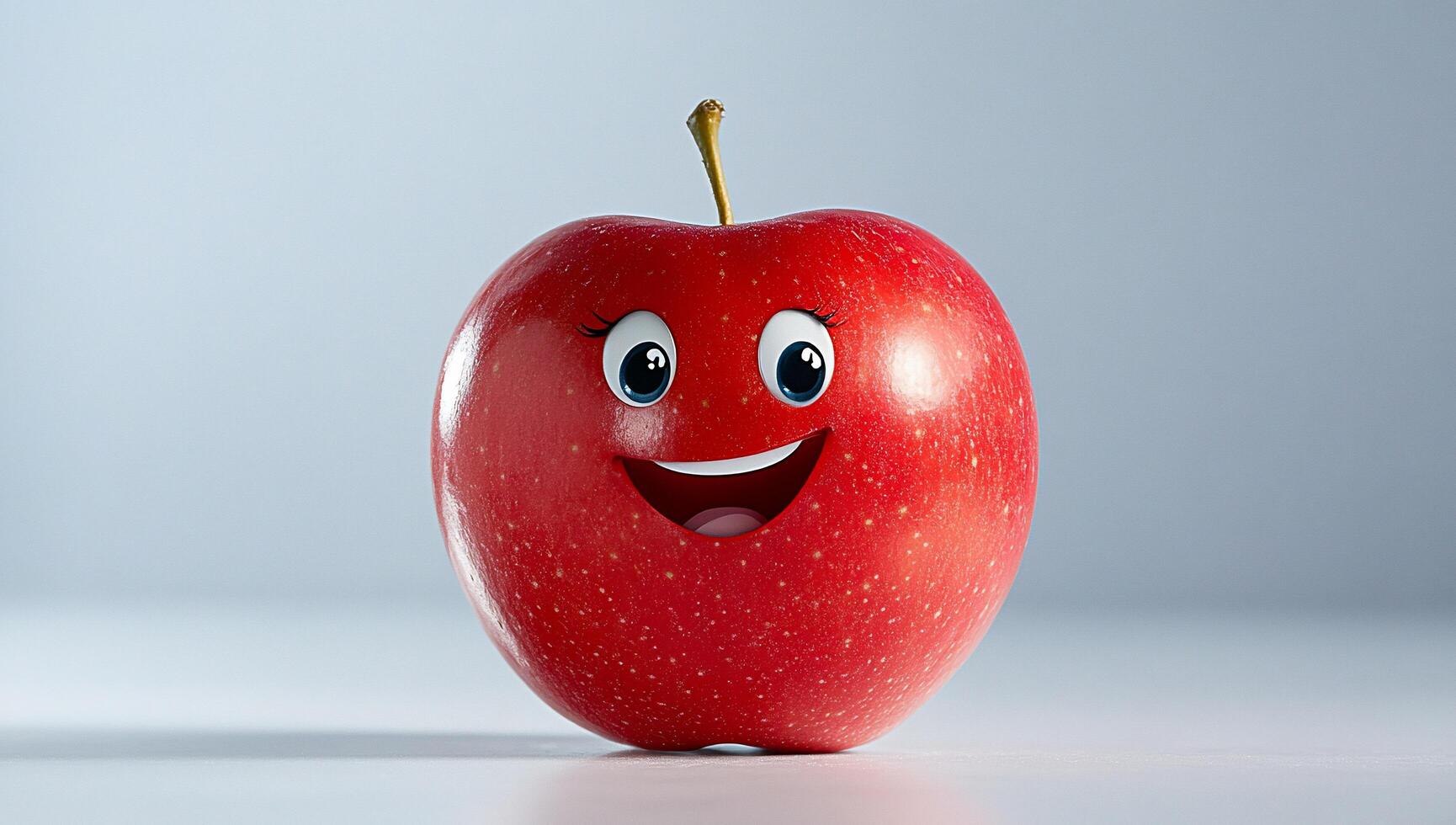A cheerful cartoon apple with a smiling face and big eyes. photo