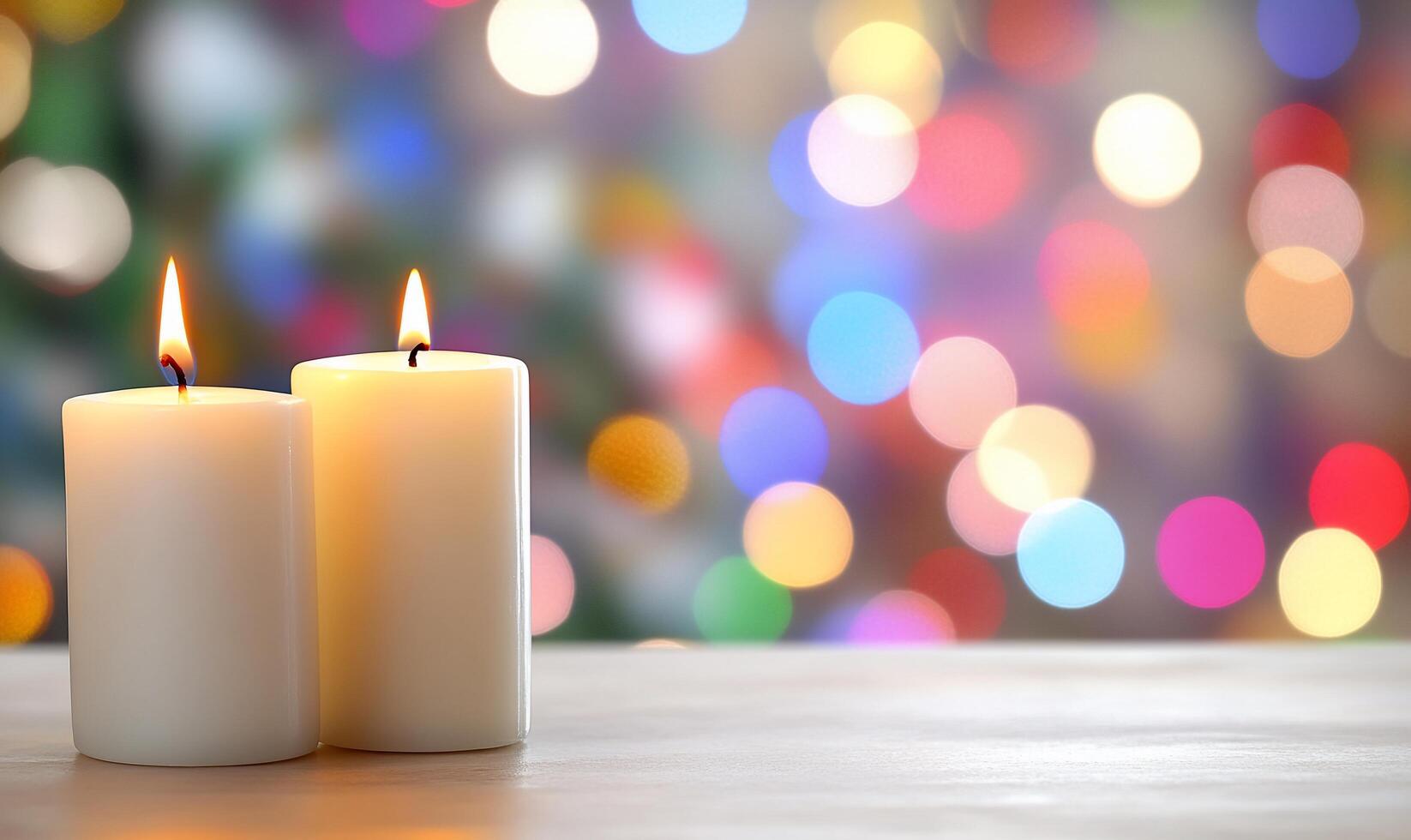 Two candles on a table with a blurred background photo