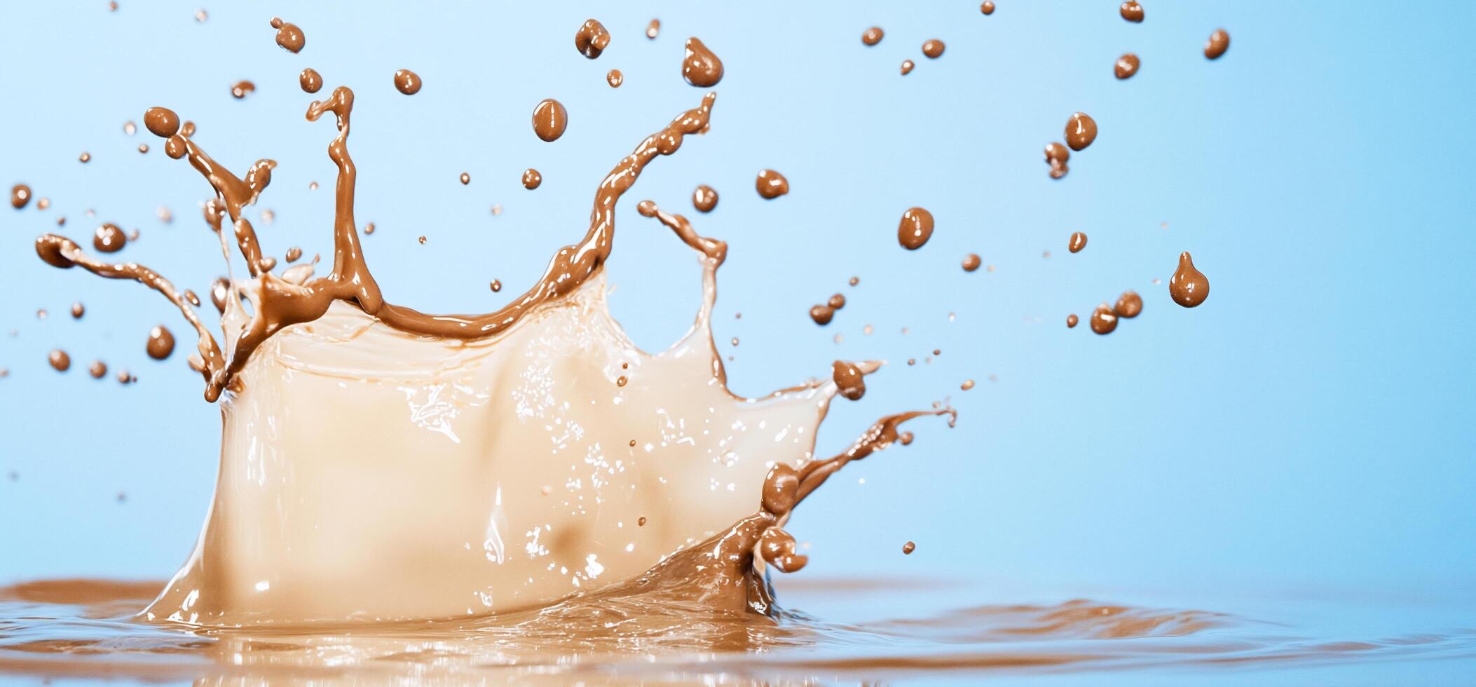 A splash of chocolate milk is seen on a blue background photo