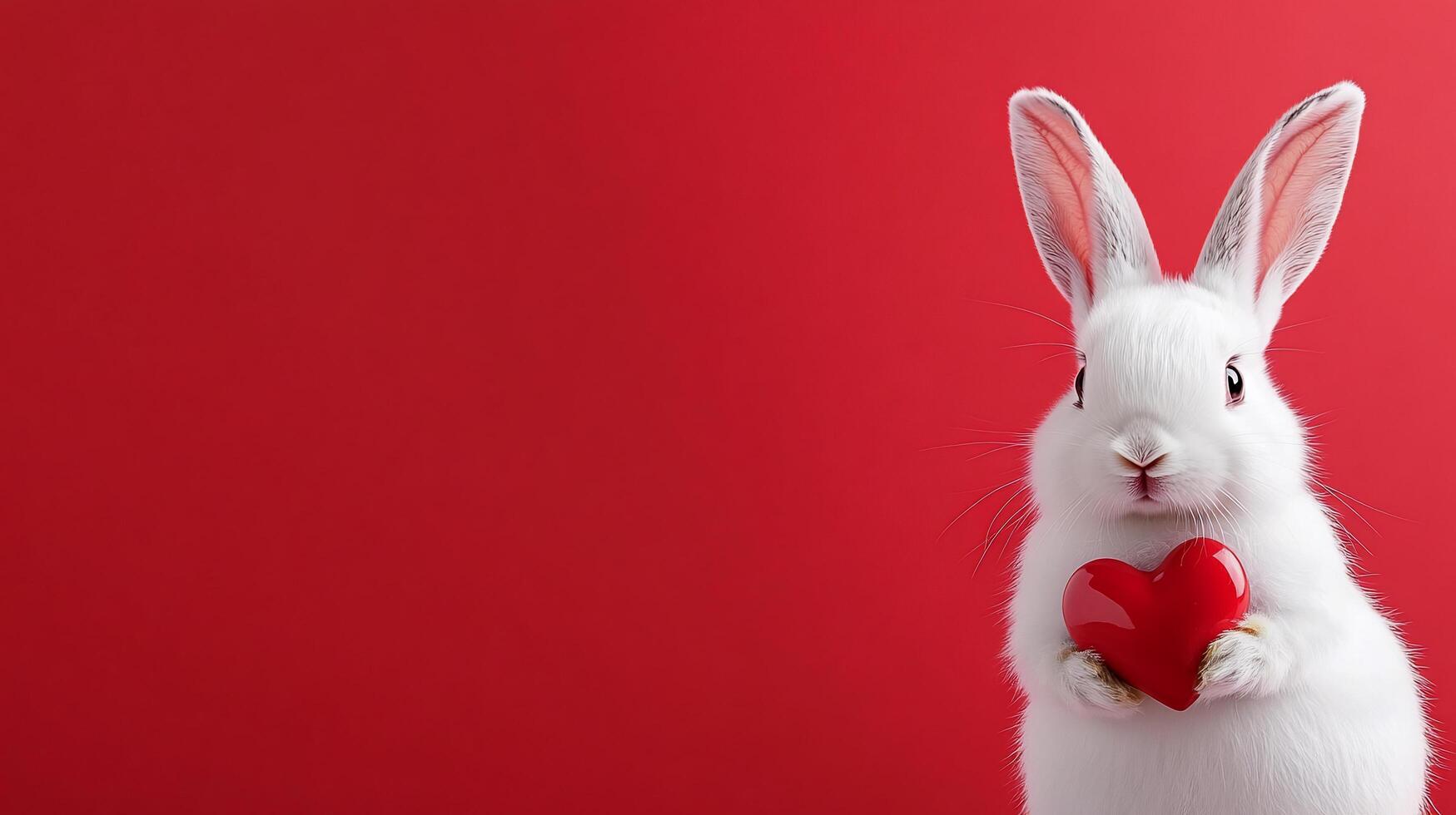 White rabbit holding a red heart on a red background photo