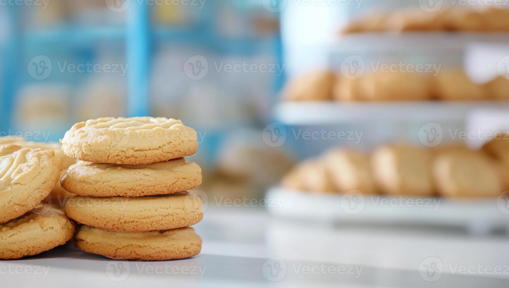 A stack of cookies on a table in front of a shelf photo