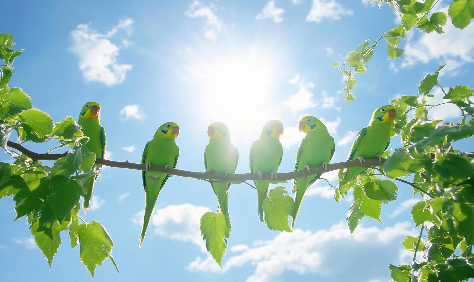 A group of green parrots perched on a branch under a bright sky. photo