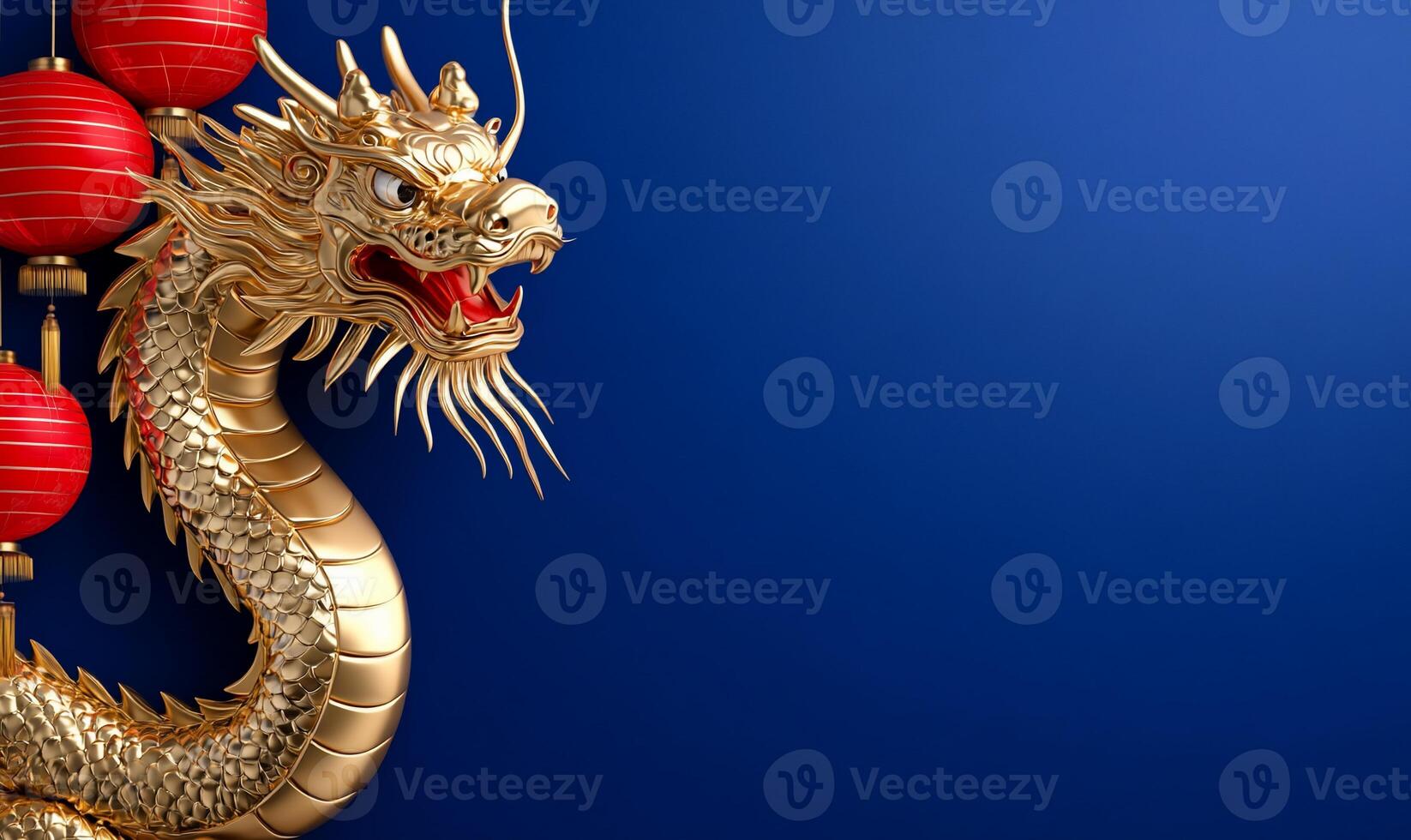 Golden dragon with red lanterns on blue background photo
