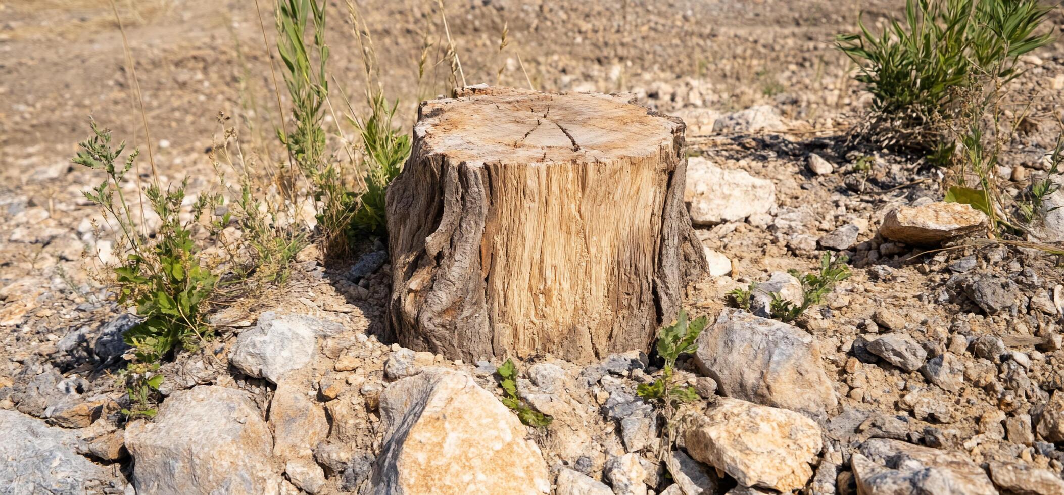 A stump is sitting in the middle of a rocky area photo