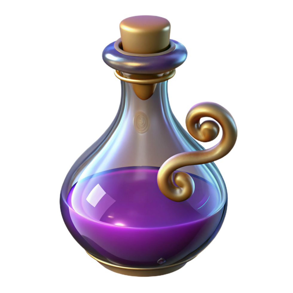 dramatic peaceful art deco A single, ornate potion bottle with swirling liquid inside. NO BACKGROUND with Transparent Background. authentic png