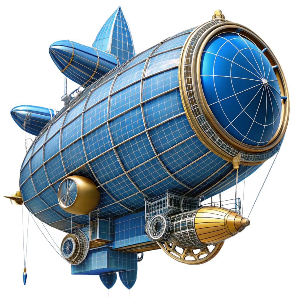 sumptuous dreamy industrial Steampunk airship design with detailed blueprints and cross-sections. NO BACKGROUND with Transparent Background. masterfully captured png