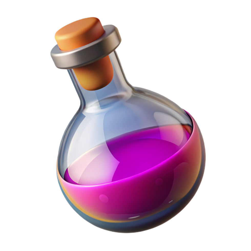 dynamic fascinating A Potion Bottle, filled with a colorful liquid, NO BACKGROUND with Transparent Background. fine detail png