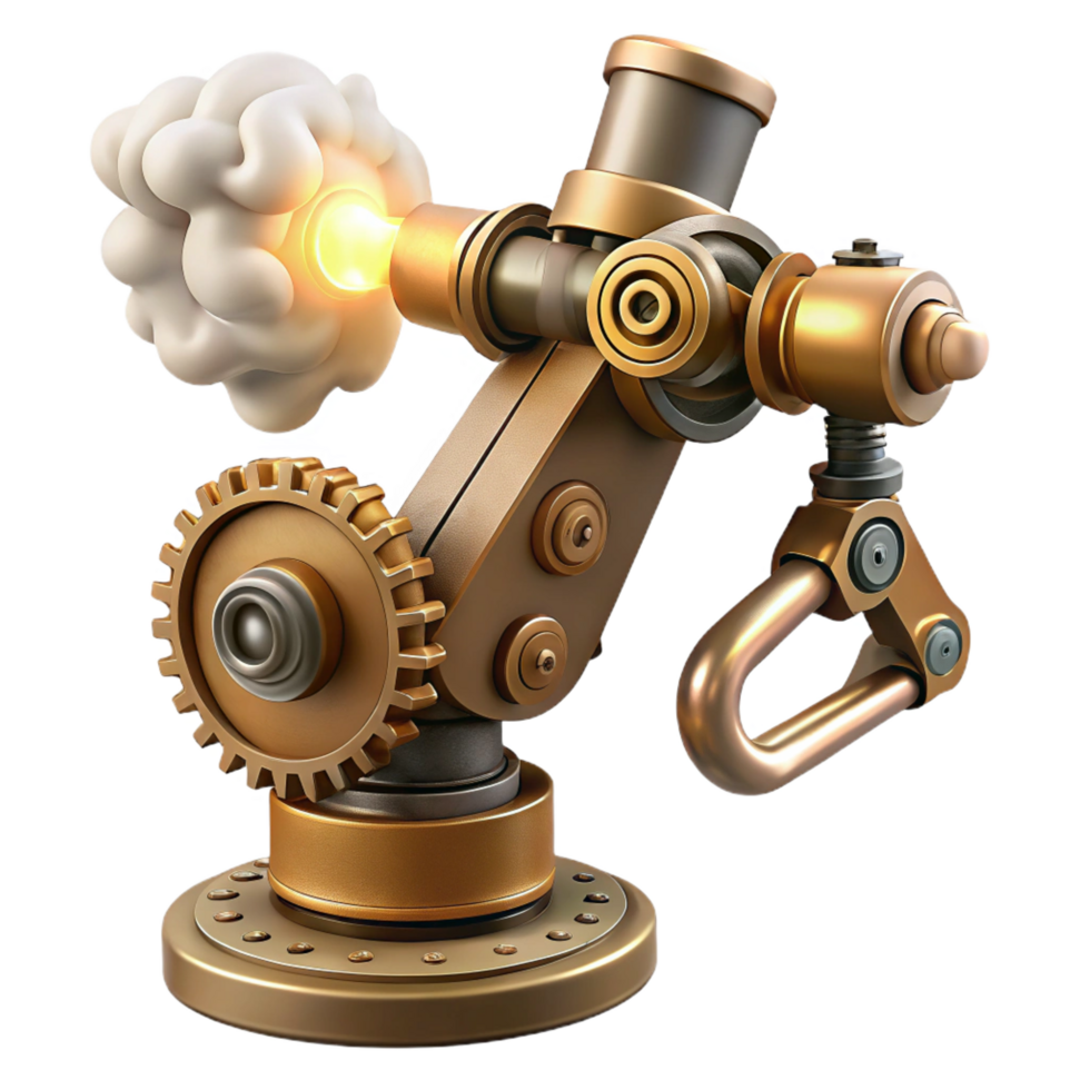 mysterious captivating Steampunk robotic arm with exposed gears and steam vents. NO BACKGROUND with Transparent Background. luxury png