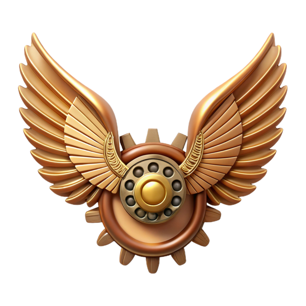 dramatic dynamic art deco Steampunk wings made of intricately carved wood and brass gears. NO BACKGROUND with Transparent Background. premium png