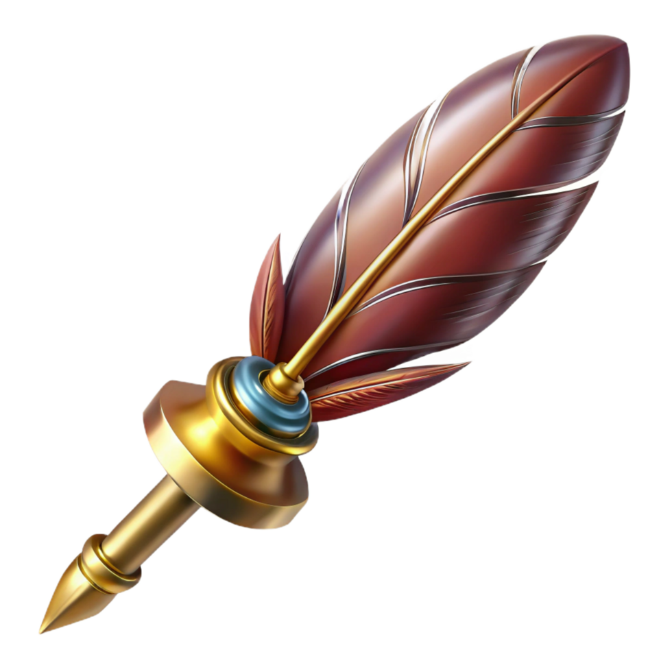 melancholic alluring Steampunk quill pen with a brass nib and intricate feather details. NO BACKGROUND with Transparent Background. handcrafted png