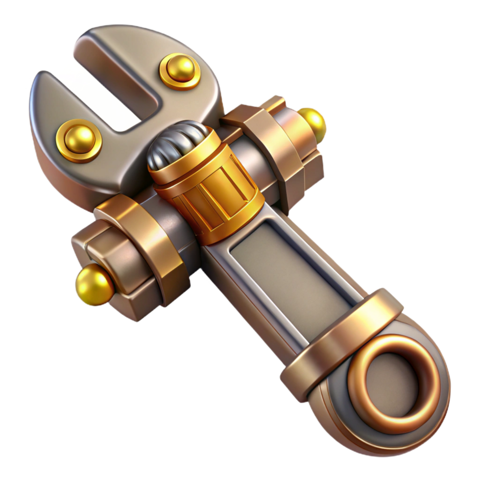 reflective dramatic Steampunk wrench with adjustable jaws and brass accents. NO BACKGROUND with Transparent Background. elite png