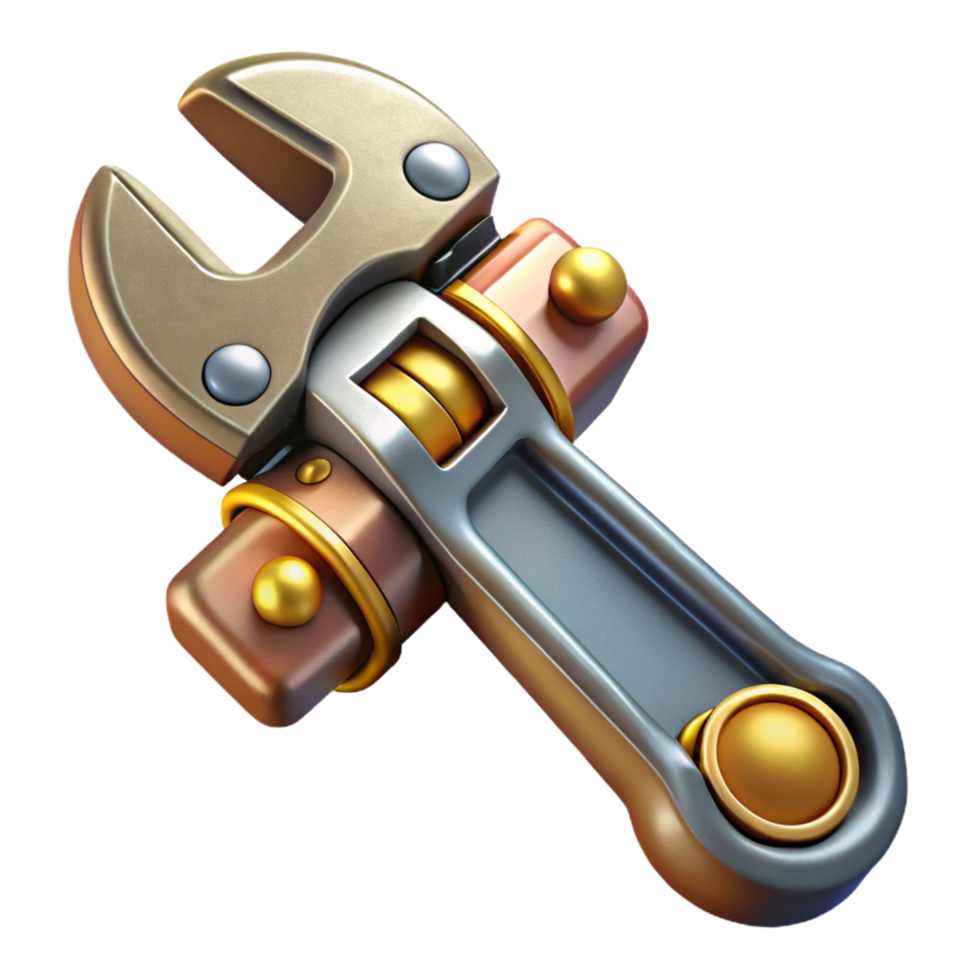 mesmerizing standout Steampunk wrench with adjustable jaws and brass accents. NO BACKGROUND with Transparent Background. png