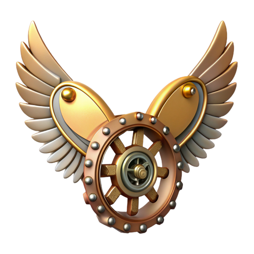 tranquil vibrant Steampunk wings made of clockwork gears and delicate metal framework. NO BACKGROUND with Transparent Background. expertly shot png